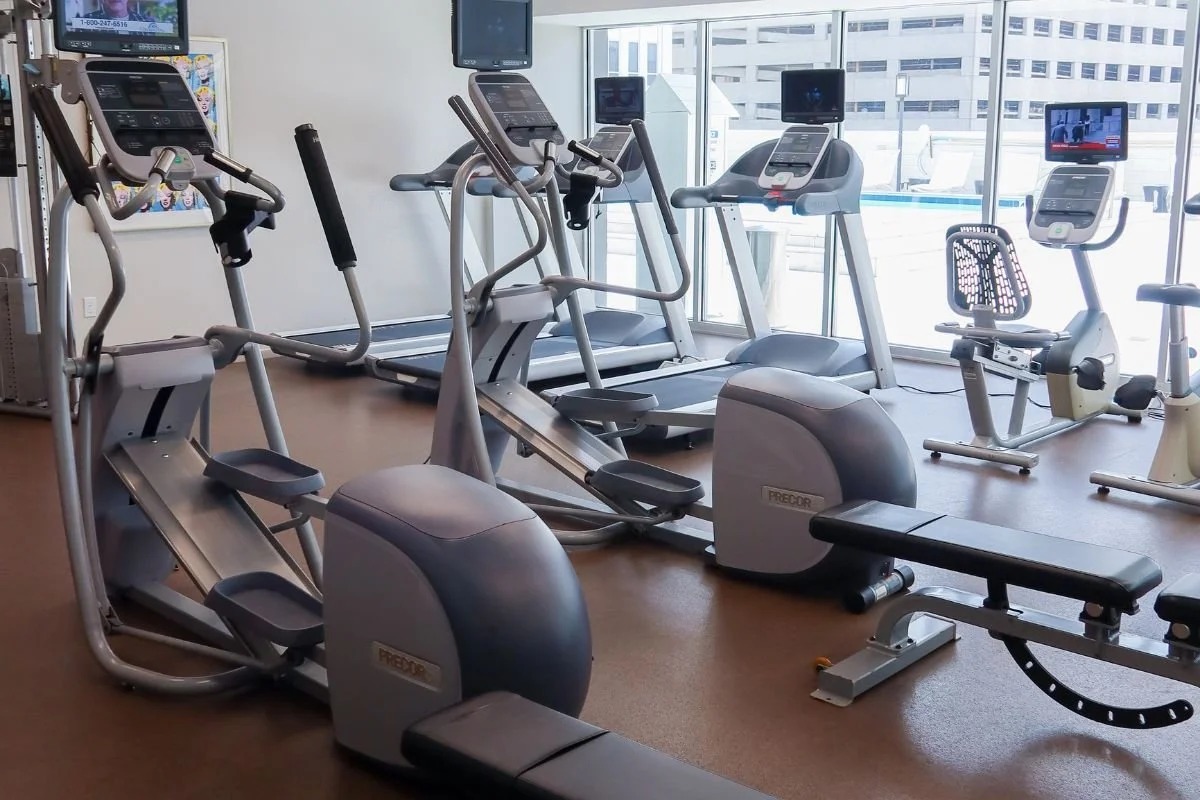 Gym with cardio machines, ellipticals, treadmills, and exercise bikes near large windows.