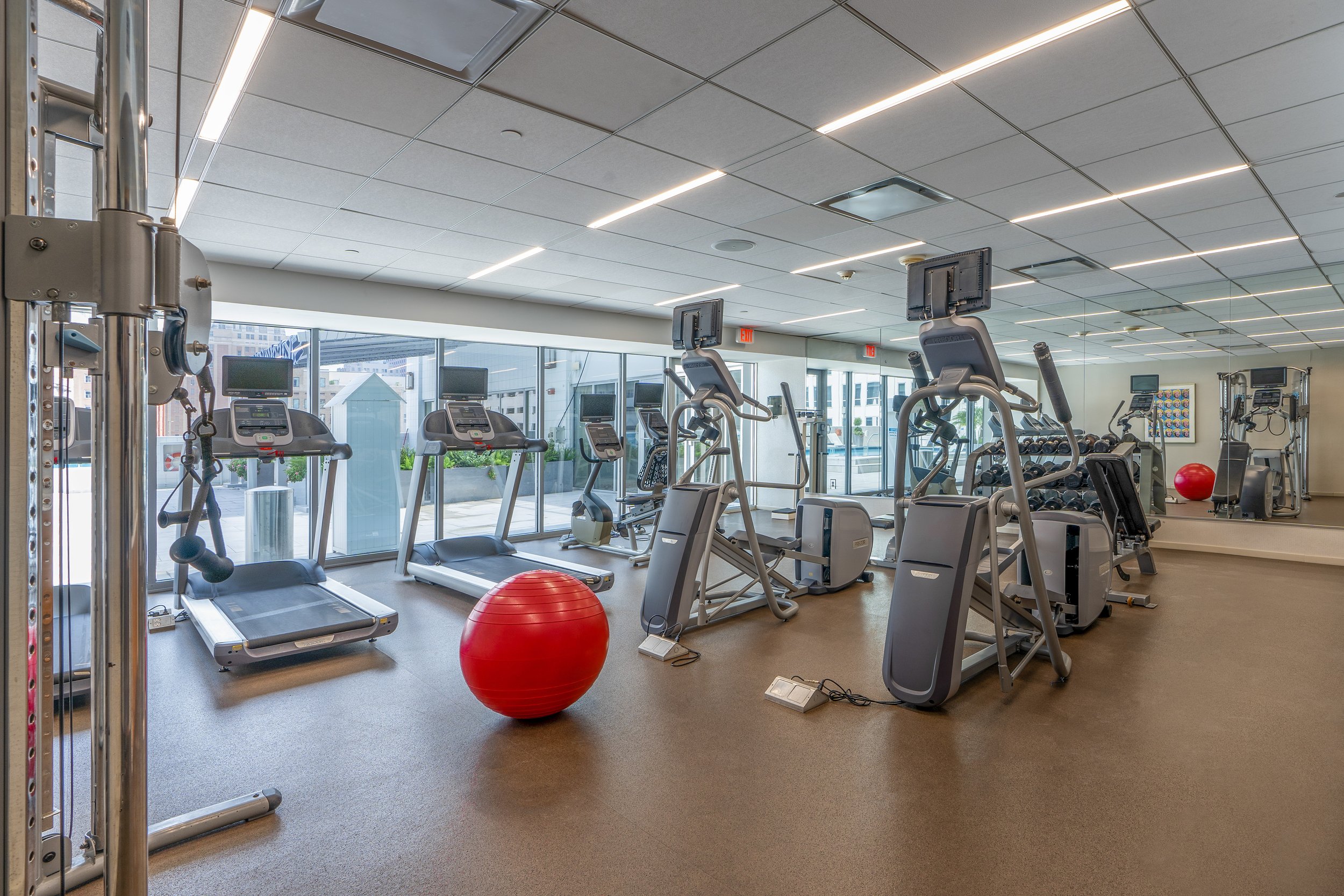 Modern gym with treadmills, elliptical machines, a red exercise ball, and free weights next to large windows and mirrors.
